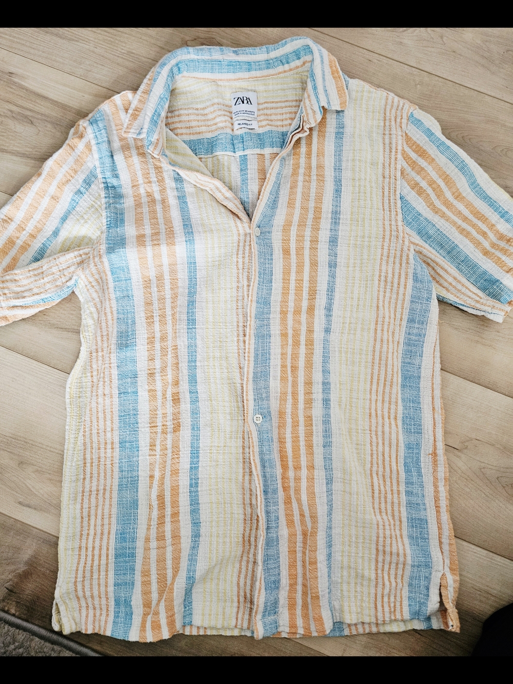 ZARA Casual Striped Button-Up Shirt in Blue, Peach & Cream